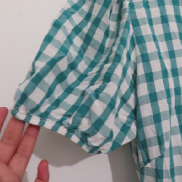 LOFT Women Sz S Teal White Gingham Plaid Surplice V Neck Wrap Blouse Puff Sleeve - Picture 4 of 7